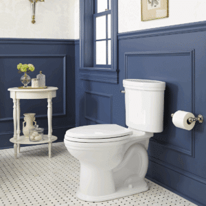 Traditional white two-piece toilet set against a deep blue wainscoted wall and a black-and-white basketweave tile floor.